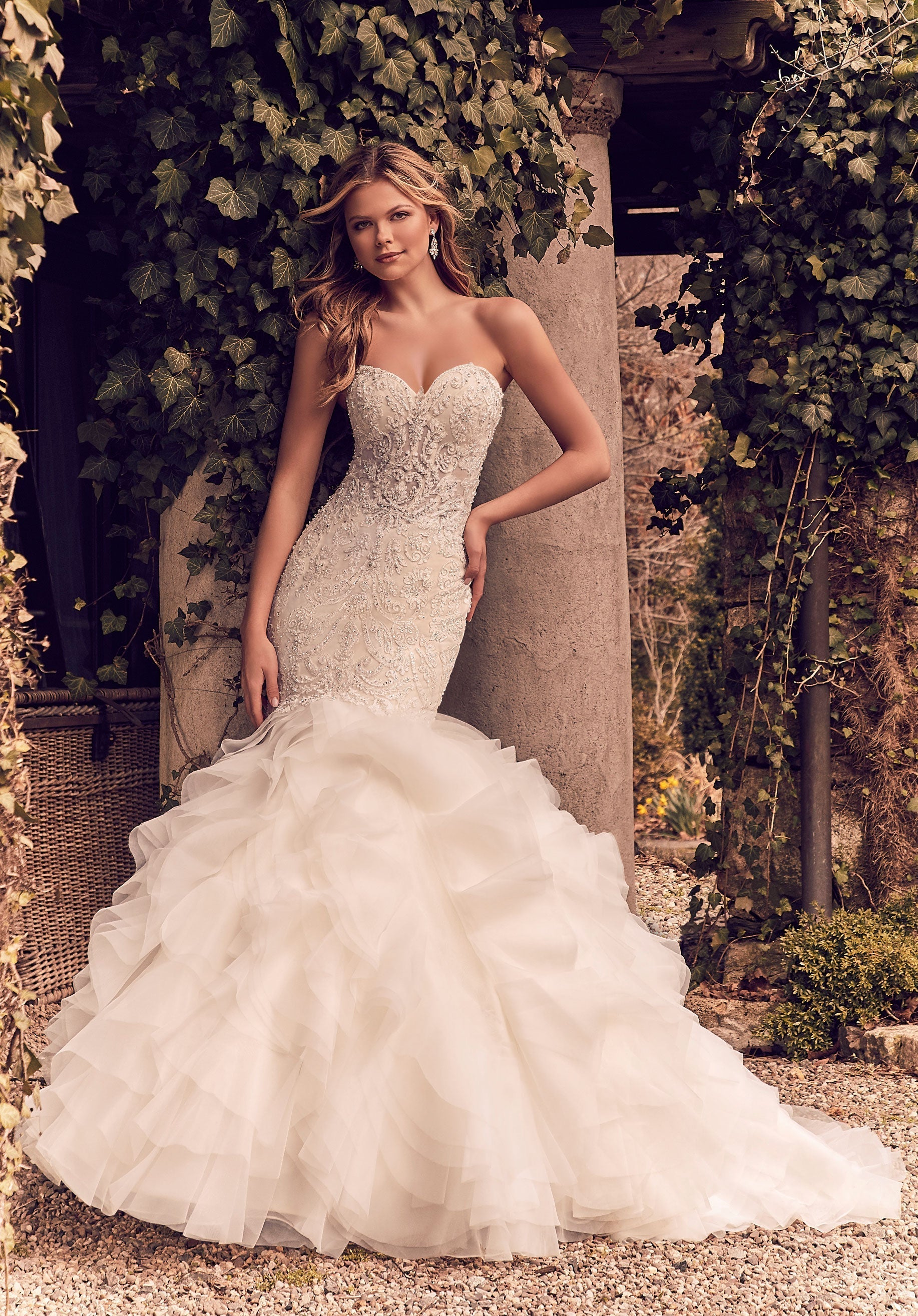 Wedding Dresses Long Bridal Beaded Mermaid Wedding Dress MGNY Madeline Gardner New York 8177 Ivory/Champagne