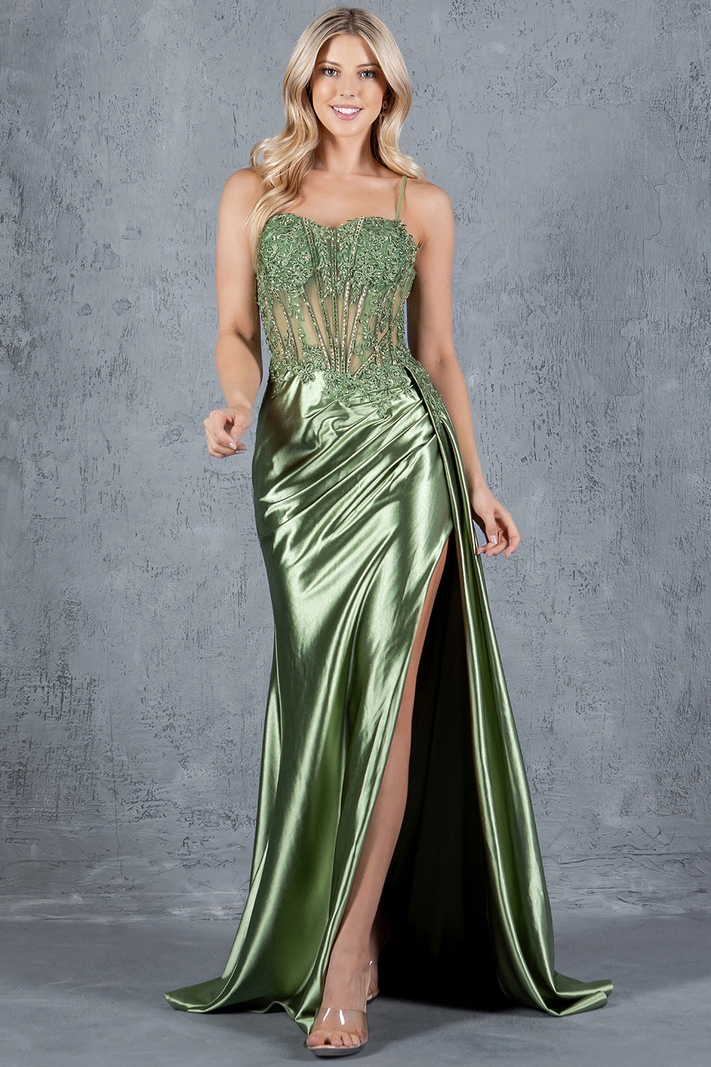 Cinderella Couture 8177J Floral Lace Long Slit Formal Sequin Prom Dress