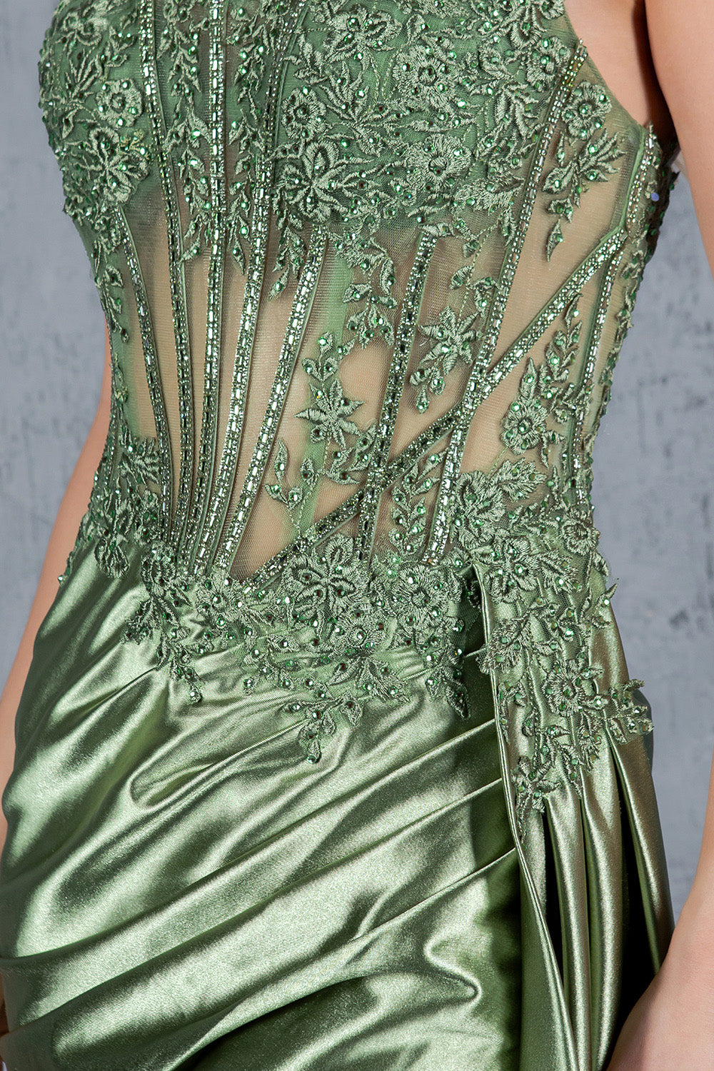 Cinderella Couture 8177J Floral Lace Long Slit Formal Sequin Prom Dress