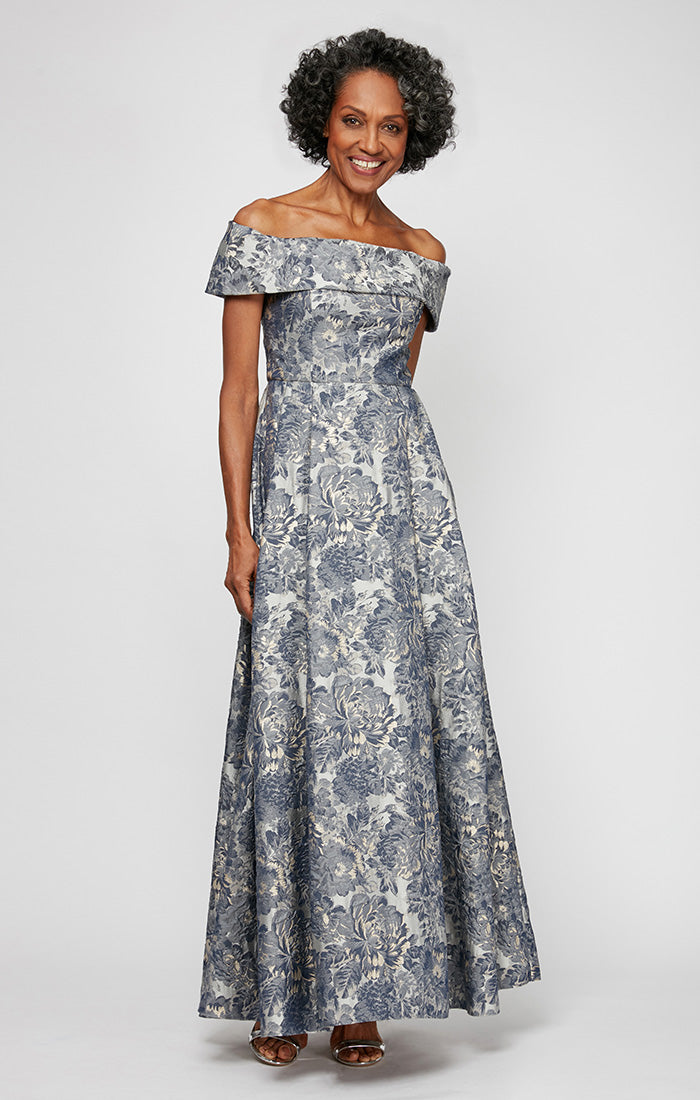 Alex Evenings Women's Printed Off-The-Shoulder Ballgown - Silver Multi - 10 Alex Evenings Women's Printed Off-The-Shoulder Ballgown - Silver Multi - 10