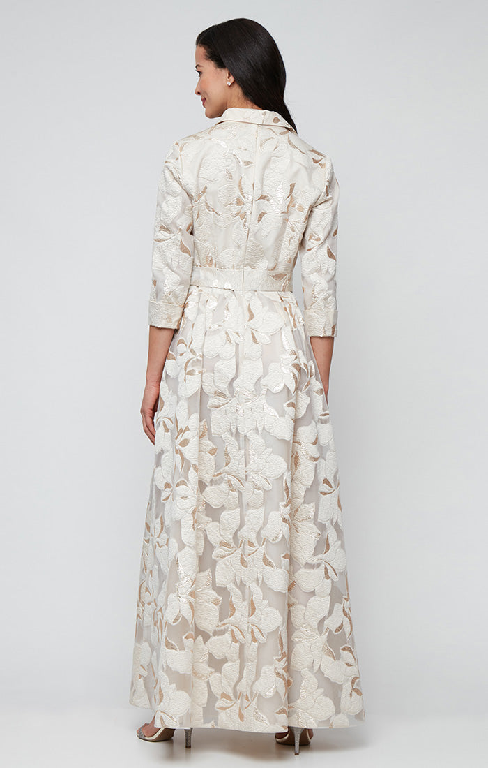 Ivory Gold Collar-Neck Floor-Length Floral Jacquard Formal Shirt Dress with Tie Waist Petite Alex Evenings 8281201