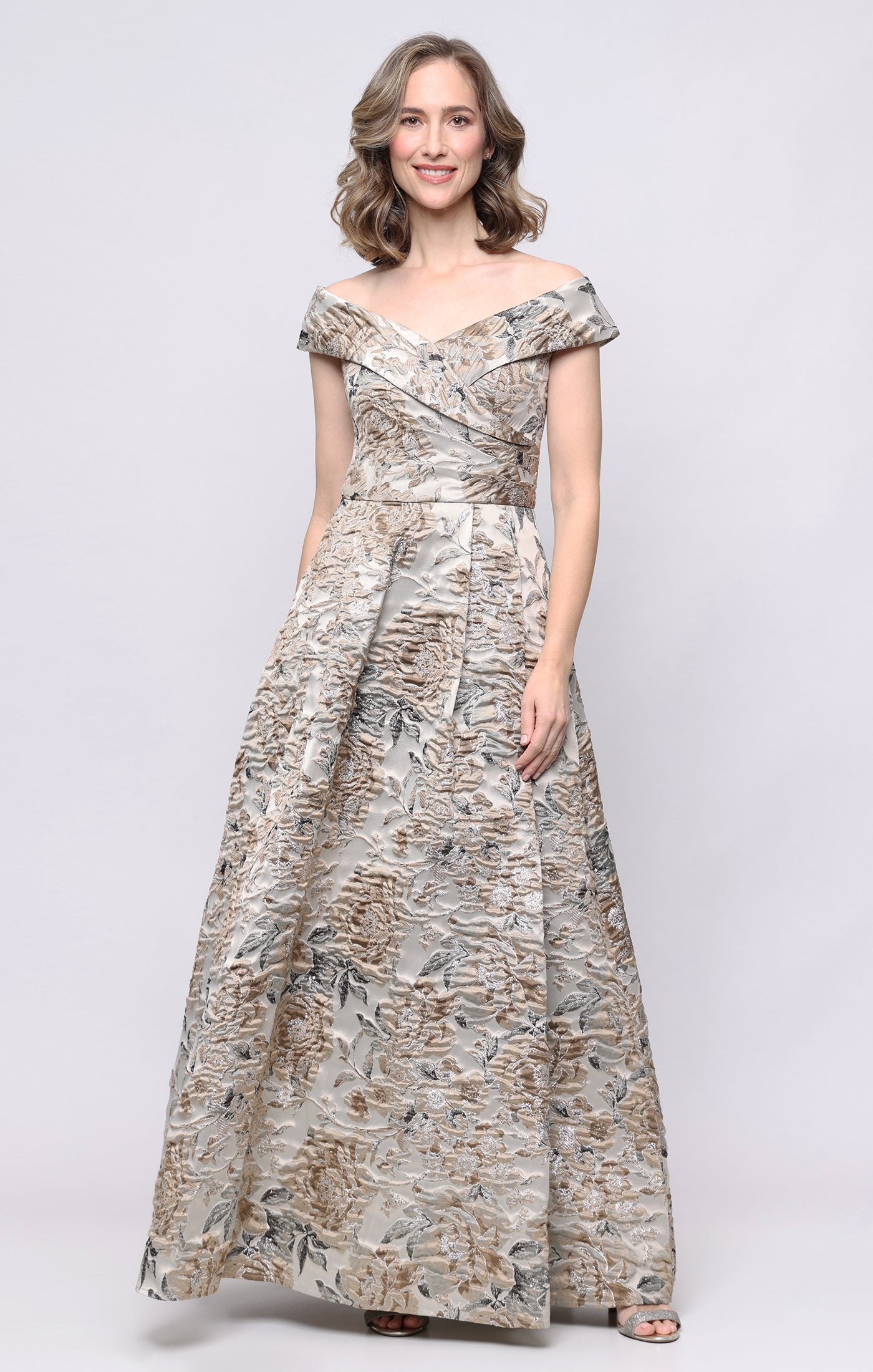 Off-the-Shoulder Floor-Length Satin Formal A-Line Gown Alex Evenings 8181247
