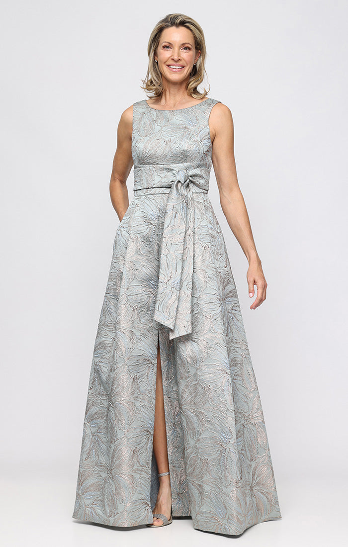 Alex Evenings Women's Sleeveless Printed Jacquard Tie Waist Gown, Sage, 14