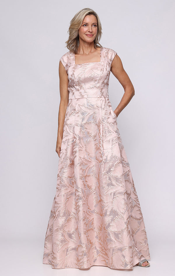 Rose Gold Square Neck Floor-Length Jacquard Metallic Gown with Empire Waist Alex Evenings 8181272
