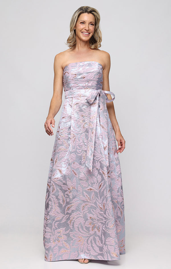 Lilac Multi Strapless Floor-Length Jacquard Metallic Gown with Tie Waist Alex Evenings 8181273