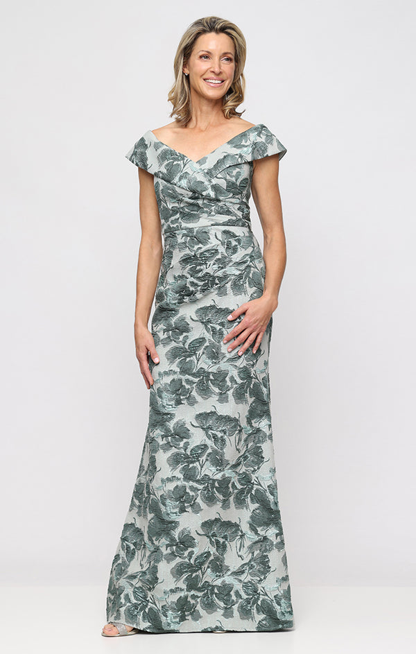 Sage Off-the-Shoulder Floor-Length Jacquard Ballgown with Floral Print Alex Evenings 8281277