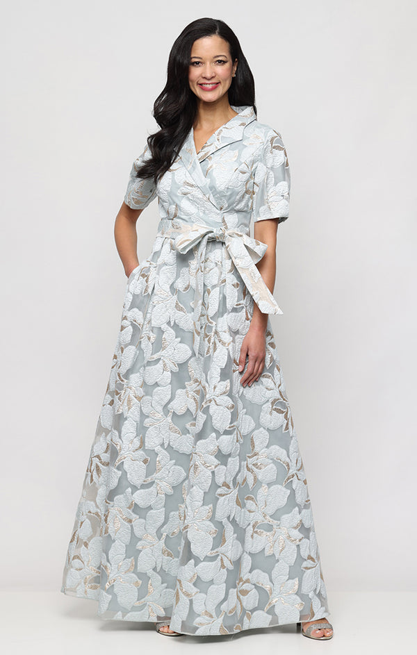 Ice Blue Collared V-Neck Floor-Length Jacquard Mother of the Bride A-Line Dress with Tie Waist Alex Evenings 8281278