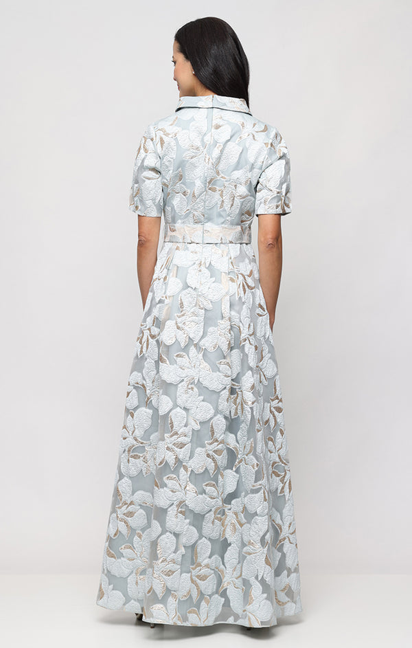Ice Blue Collared V-Neck Floor-Length Jacquard Mother of the Bride A-Line Dress with Tie Waist Alex Evenings 8281278