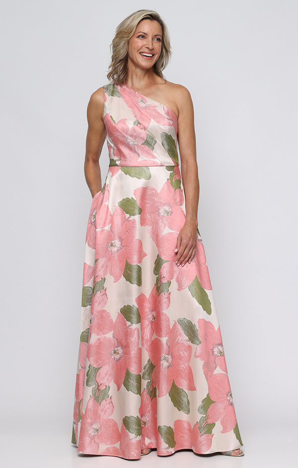 Coral Multi One-Shoulder Floor-Length Jacquard Formal Gown with Floral Print Alex Evenings 8281287