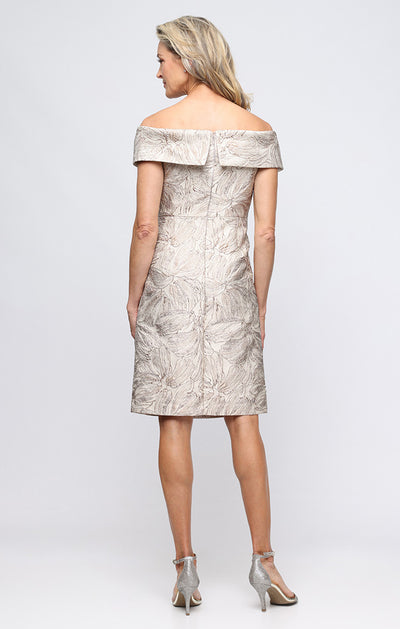 Taupe Off-the-Shoulder Knee-Length Jacquard Cocktail Dress with Foldover Cuff Alex Evenings 8181294