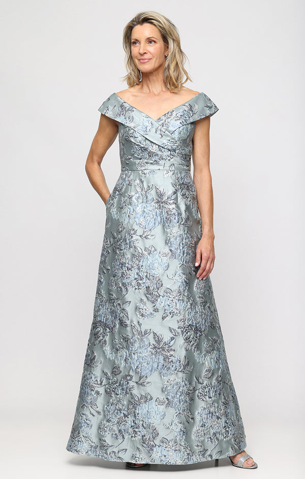 Ice Sage Off-the-Shoulder Floor-Length Jacquard Mother of the Bride Dress with Pockets Alex Evenings 8181313