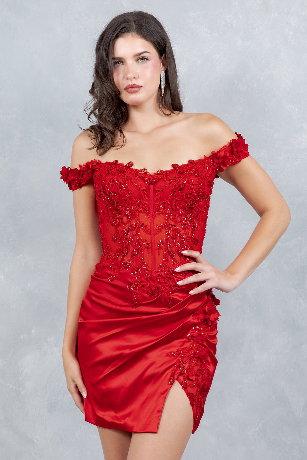 Cocktail Dresses 3D Floral Short Lace Beaded Cocktail Dress Cinderella Couture 8181JS Red