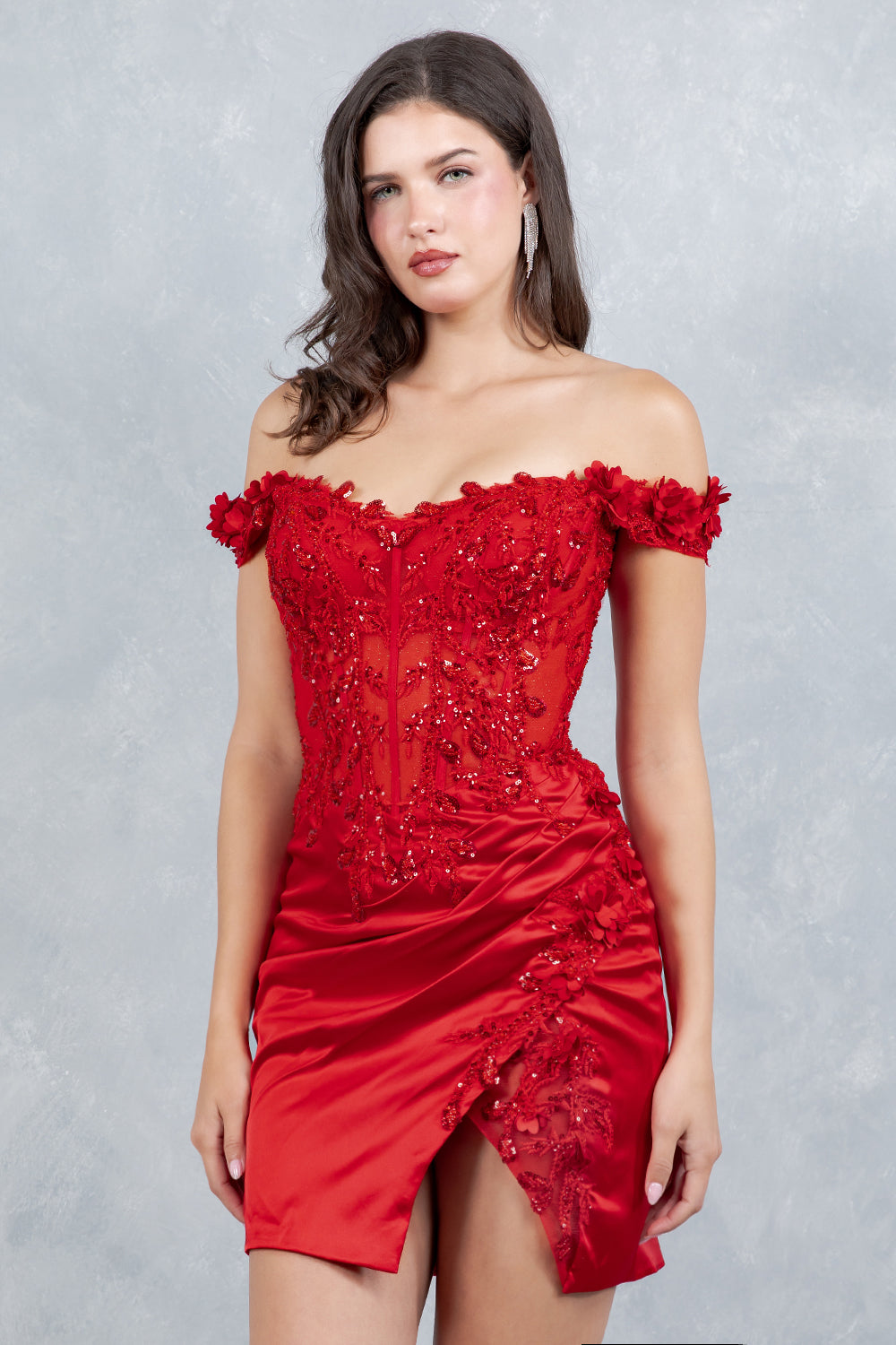 Cocktail Dresses 3D Floral Short Lace Beaded Cocktail Dress Cinderella Couture 8181JS Red