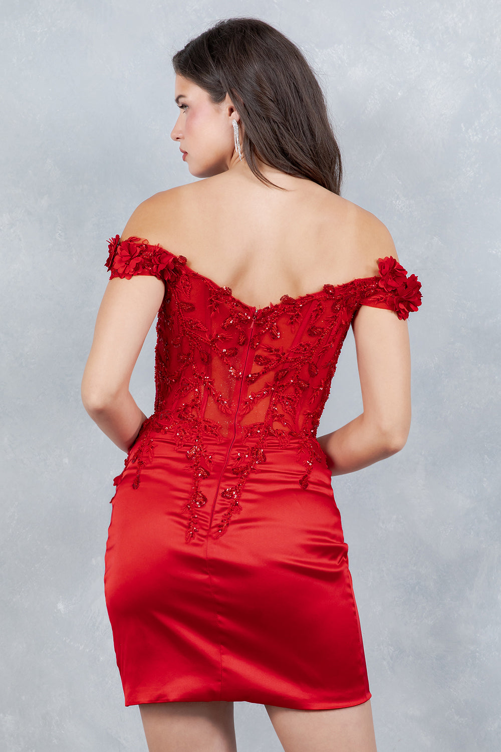 Cocktail Dresses 3D Floral Short Lace Beaded Cocktail Dress Cinderella Couture 8181JS Red