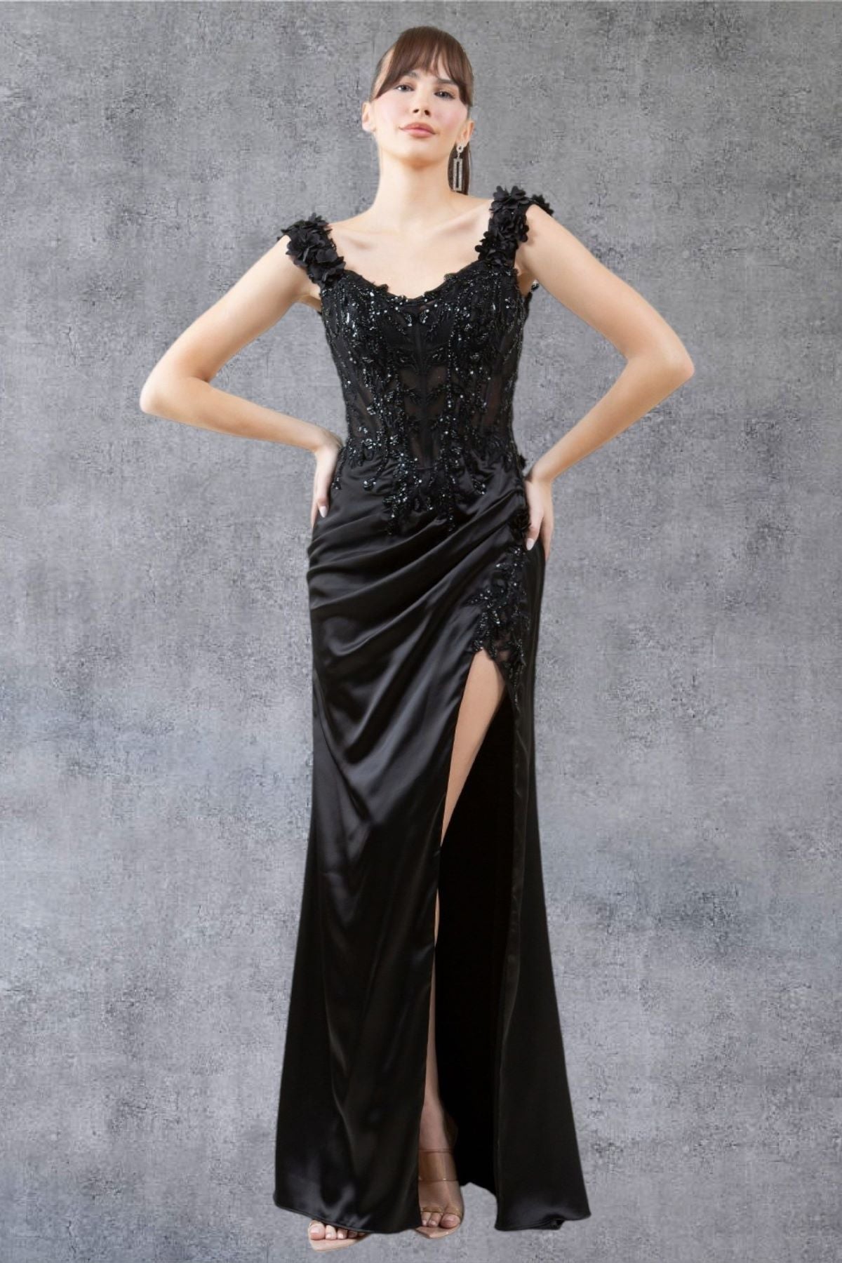 Cinderella Couture 8181J Long Lace Prom Beaded Slit 3D Formal Dress