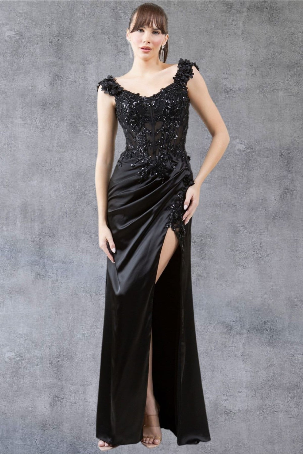 Cinderella Couture 8181J Long Lace Prom Beaded Slit 3D Formal Dress