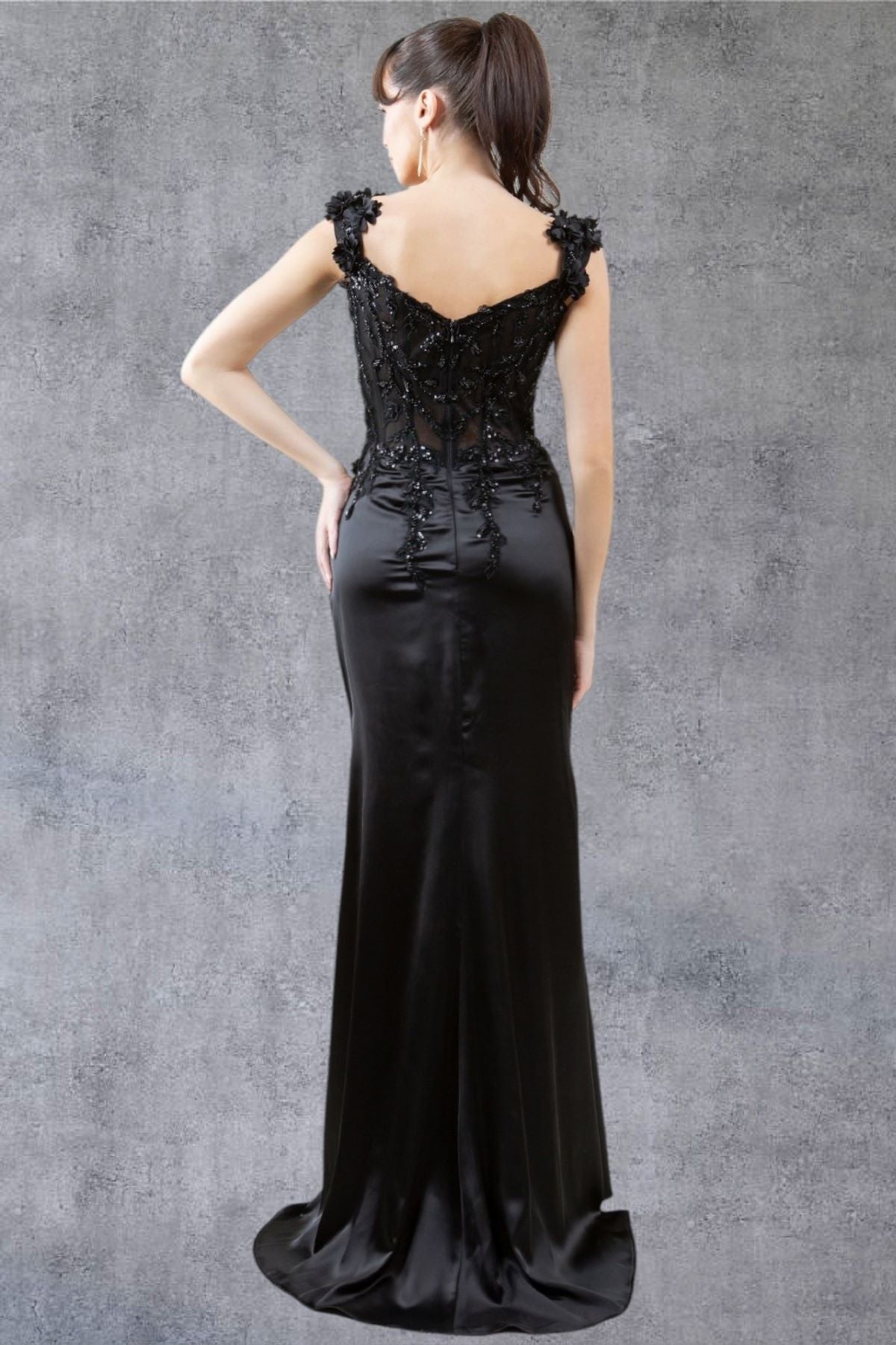 Cinderella Couture 8181J Long Lace Prom Beaded Slit 3D Formal Dress