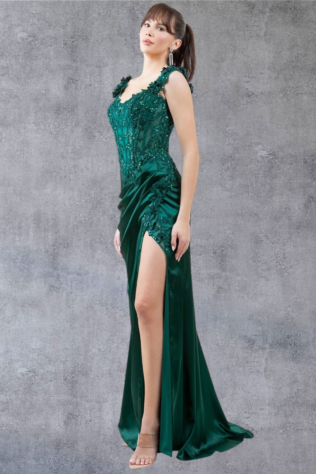 Cinderella Couture 8181J Long Lace Prom Beaded Slit 3D Formal Dress