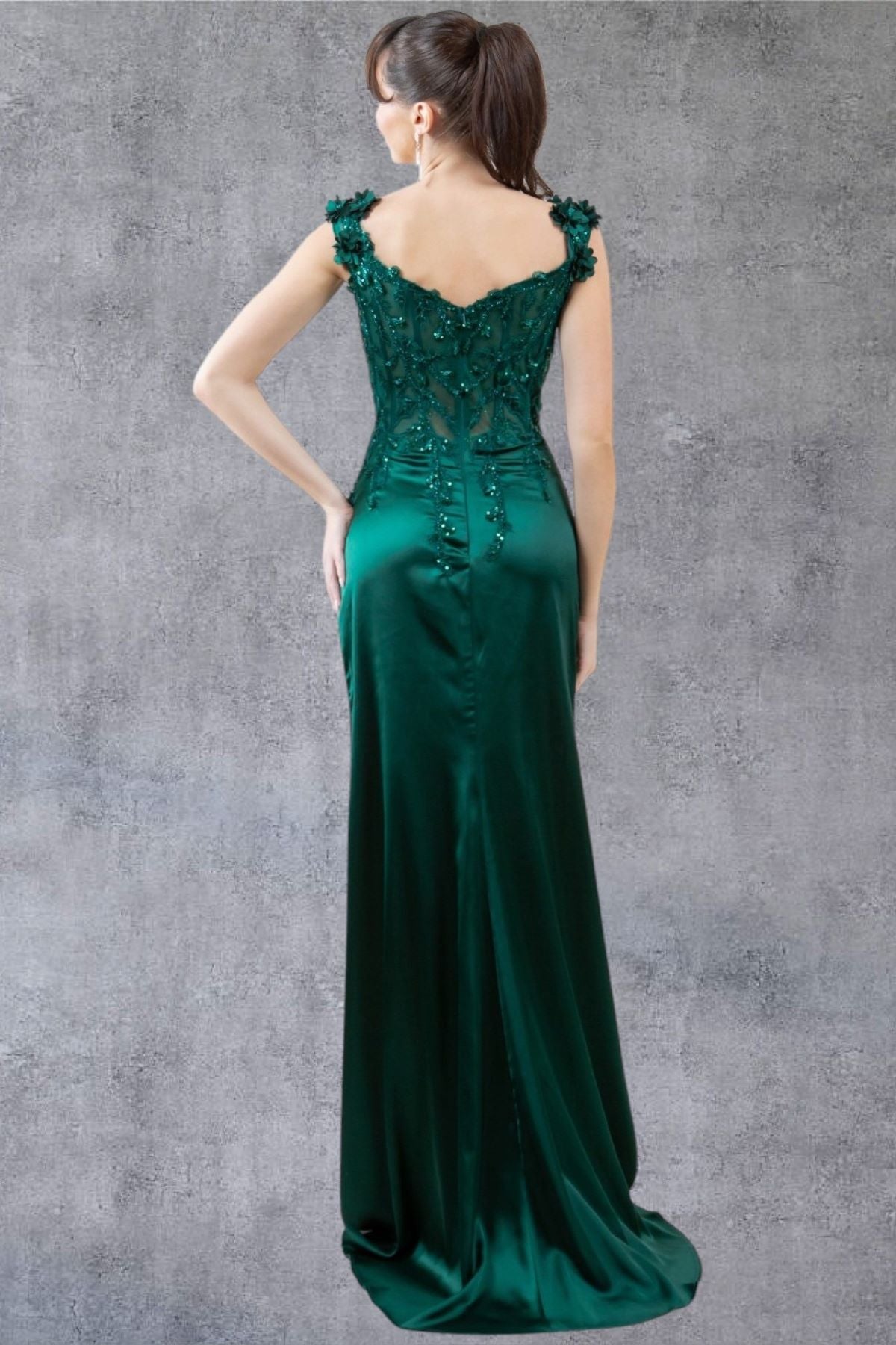 Cinderella Couture 8181J Long Lace Prom Beaded Slit 3D Formal Dress