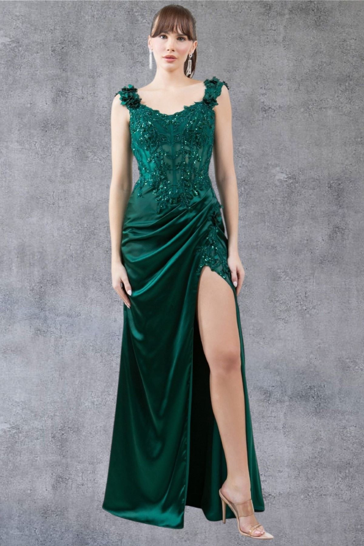 Cinderella Couture 8181J Long Lace Prom Beaded Slit 3D Formal Dress