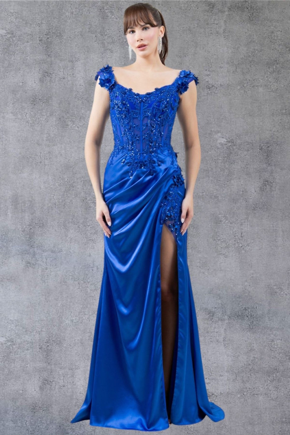 Cinderella Couture 8181J Long Lace Prom Beaded Slit 3D Formal Dress