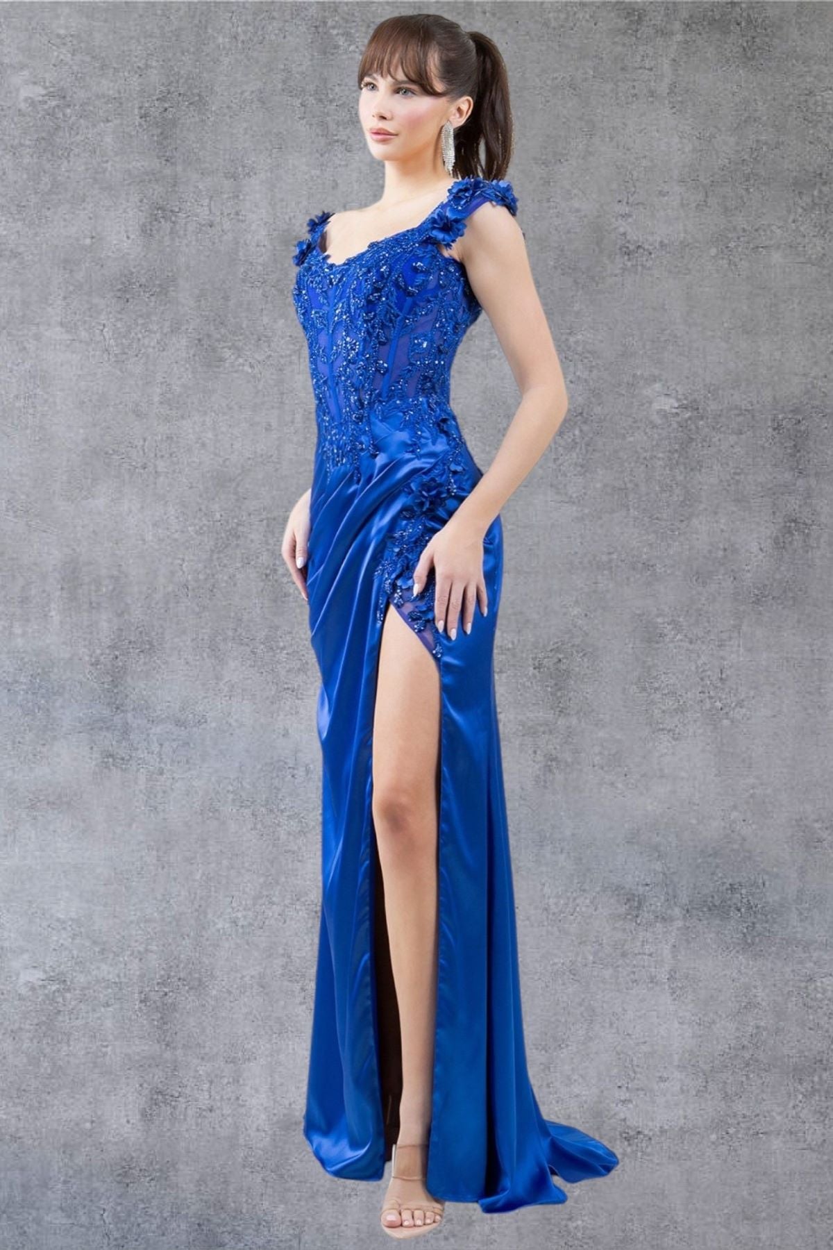Cinderella Couture 8181J Long Lace Prom Beaded Slit 3D Formal Dress