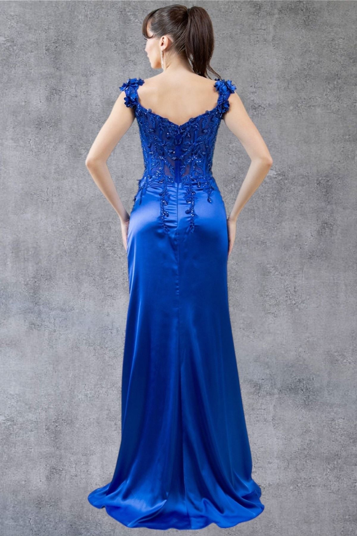 Cinderella Couture 8181J Long Lace Prom Beaded Slit 3D Formal Dress
