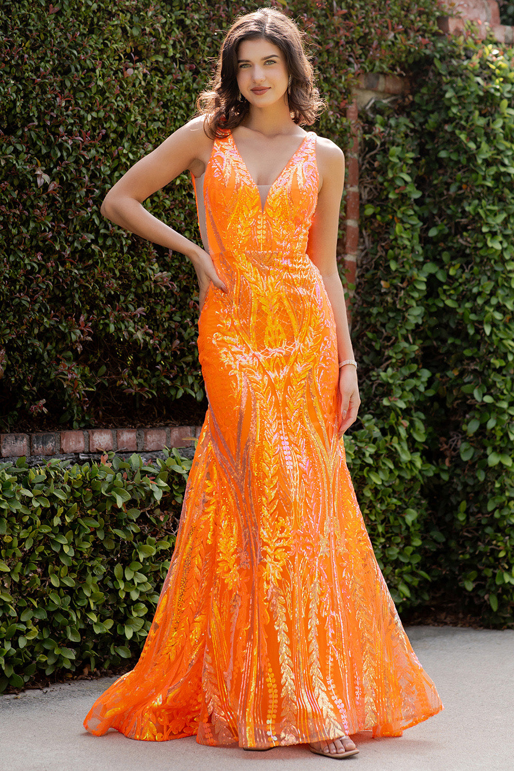 orange sparkly prom dress Sequin Print Fitted Sleeveless Gown by Cinderella Couture 8182J L / Orange