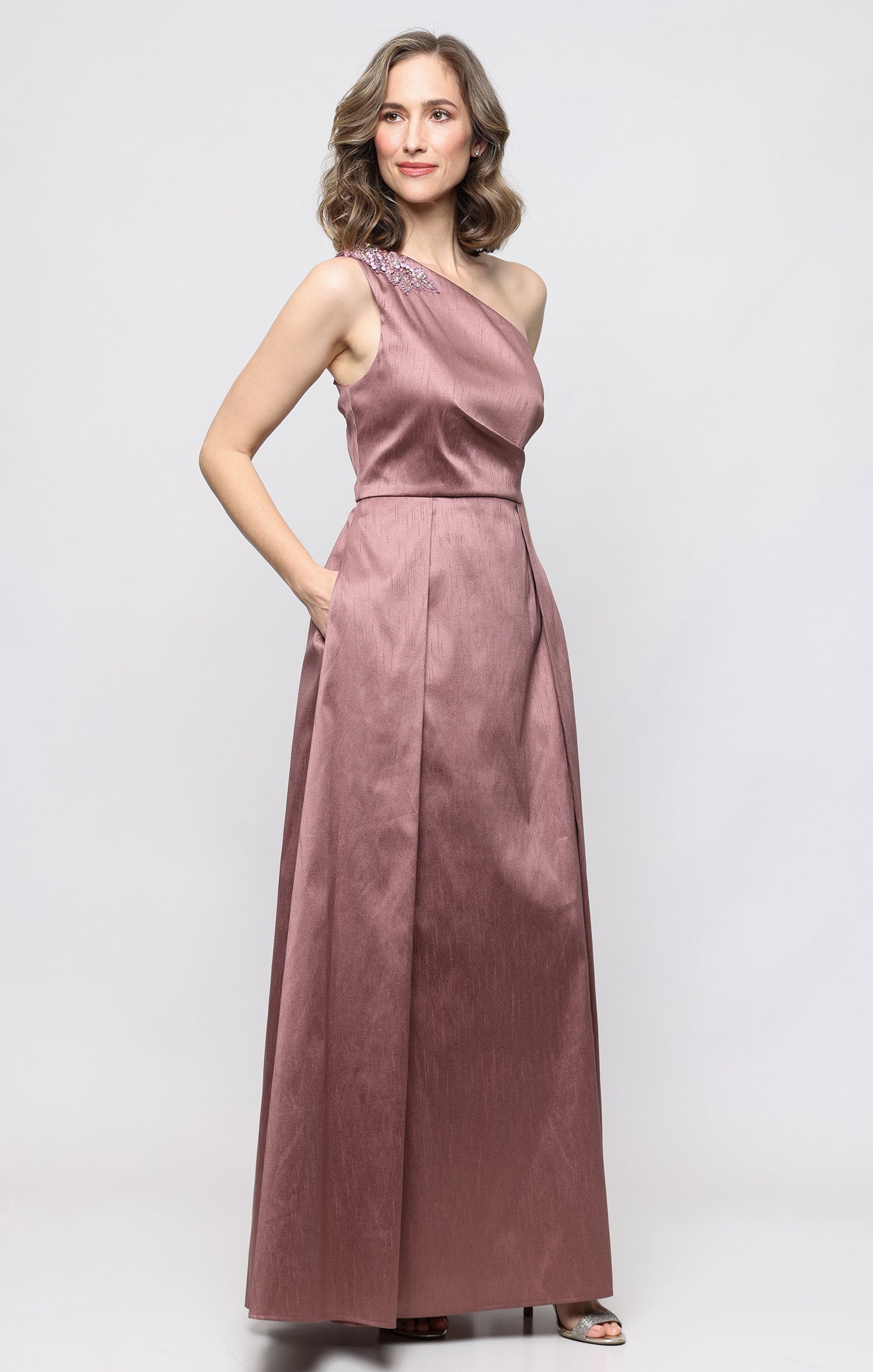 One-Shoulder Floor-Length Satin Formal Evening A-Line Gown Alex Evenings AE8184078