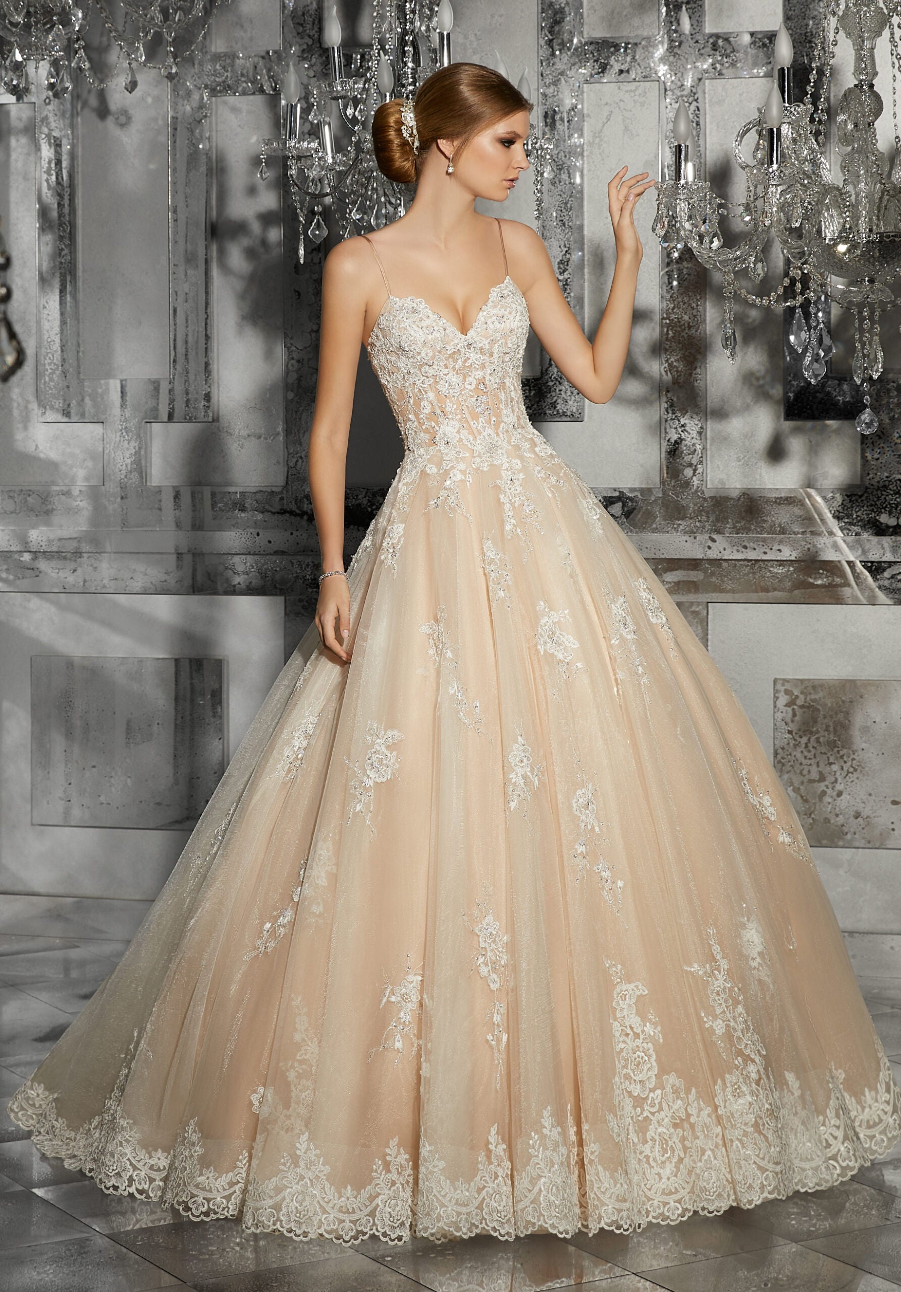 Wedding Dresses Long Bridal A Line Wedding Dress MGNY Madeline Gardner New York 8187 Ivory/Nude