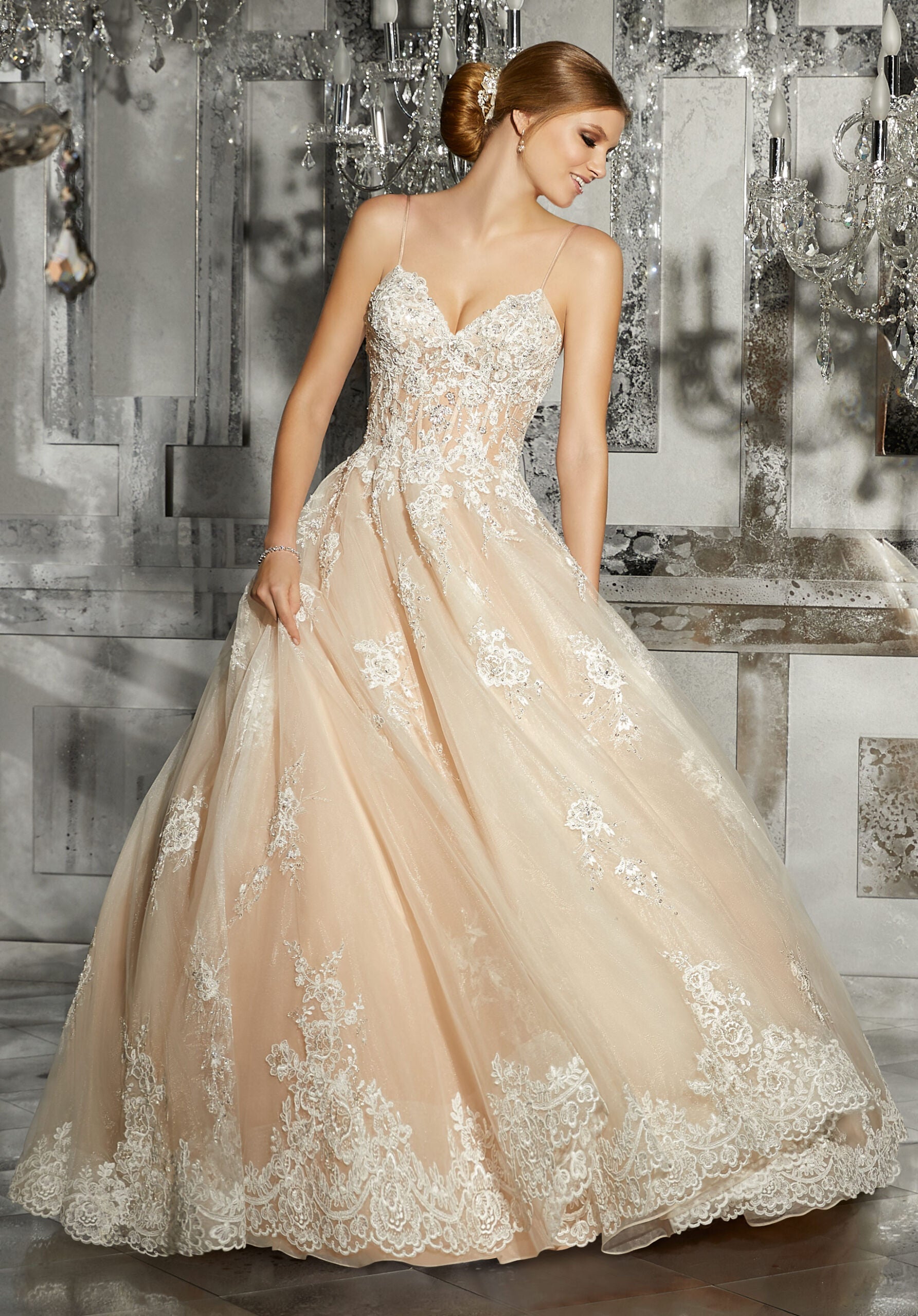 Wedding Dresses Long Bridal A Line Wedding Dress MGNY Madeline Gardner New York 8187 Ivory/Nude