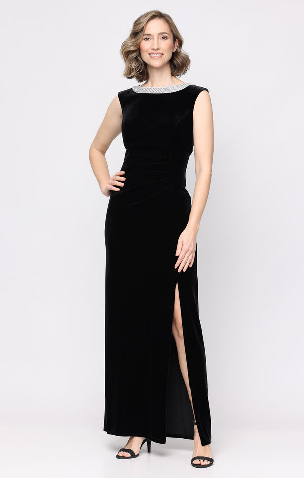 Alex Evenings 82911029 Crew/High-Neck Floor-Length Velvet Formal Sheath/Column