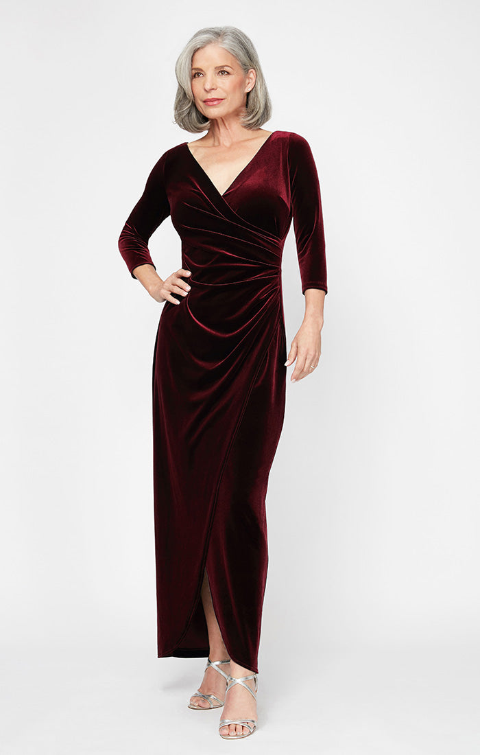 Alex Evenings Petite Velvet Side-Ruched 3/4-Sleeve Gown - WINE - 10P Alex Evenings Petite Velvet Side-Ruched 3/4-Sleeve Gown - WINE - 10P