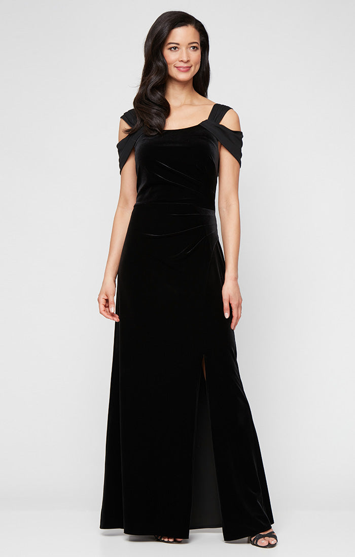 Black Cold-Shoulder Floor-Length Velvet Formal Gown with Side Slit and Ruched Detail Petite Alex Evenings 8291967