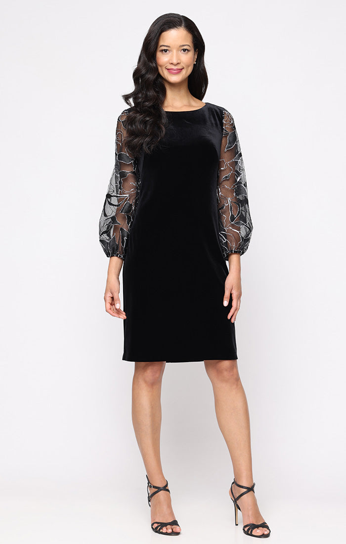 Alex Evenings Regular - Short Stretch Velvet Sheath Dress with Embroidered Illusion Sleeves Black Silver / 16 Alex Evenings Regular - Short Stretch Velvet Sheath Dress with Embroidered Illusion Sleeves Black Silver / 16