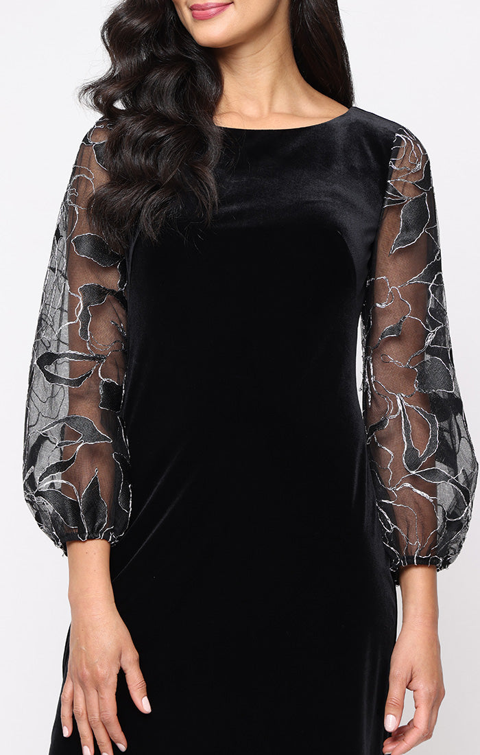 Alex Evenings Regular - Short Stretch Velvet Sheath Dress with Embroidered Illusion Sleeves Black Silver / 16 Alex Evenings Regular - Short Stretch Velvet Sheath Dress with Embroidered Illusion Sleeves Black Silver / 16