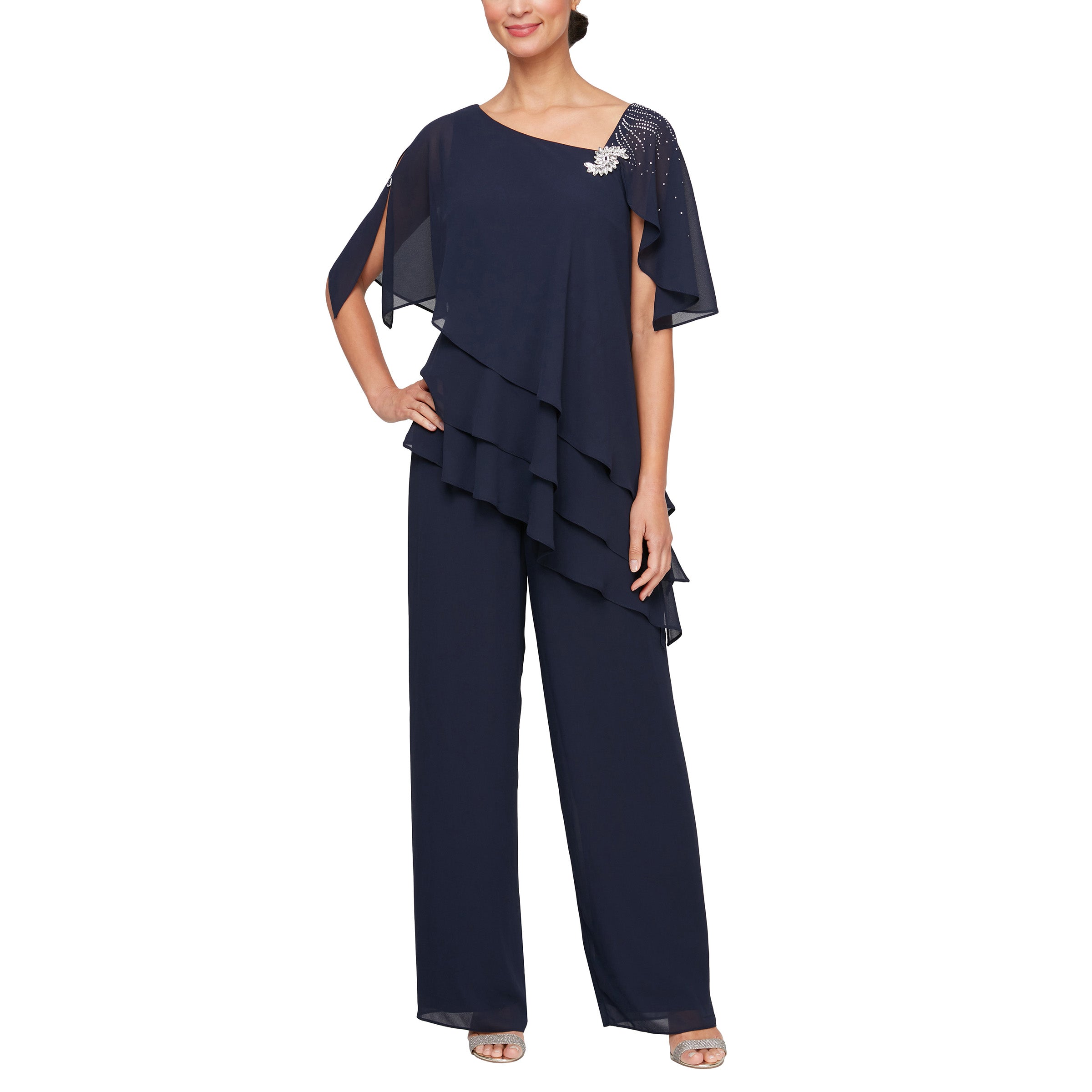 Pant Suit Two Piece Teired Mother of the Bride Pant Suit Navy