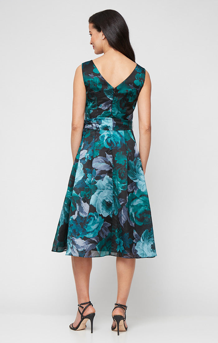 Alex Evenings Women's Printed Midi Yoryu Sleeveless Dress - Black/teal - Size 14 Alex Evenings Women's Printed Midi Yoryu Sleeveless Dress - Black/teal - Size 14