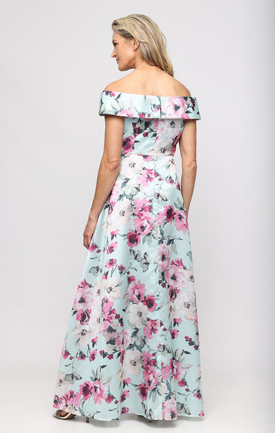 Mint Multi Off-the-Shoulder Floor-Length Printed Yoryu Formal Gown with Cascade Ruffle Alex Alex Evenings 8192033