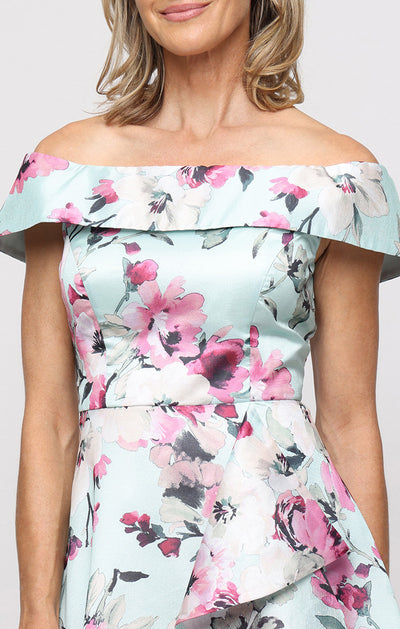 Mint Multi Off-the-Shoulder Floor-Length Printed Yoryu Formal Gown with Cascade Ruffle Alex Alex Evenings 8192033