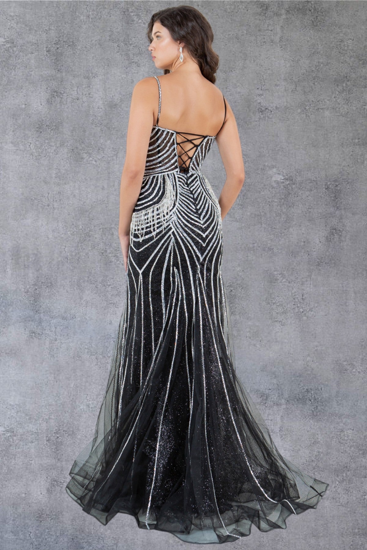Black/Silver Cinderella Couture 8192J Beaded Long Lace Formal Prom