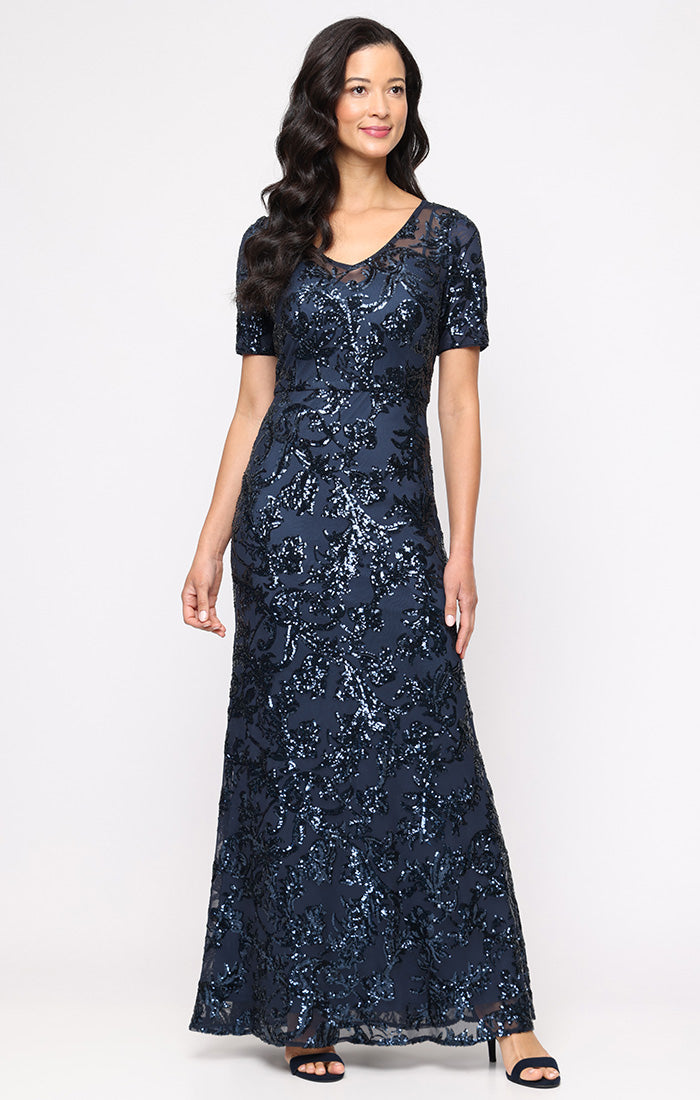 Alex Evenings Regular - Sequin Gown with V-Neckline and Elbow Sleeves DEEP OCEAN / 12 Alex Evenings Regular - Sequin Gown with V-Neckline and Elbow Sleeves DEEP OCEAN / 12