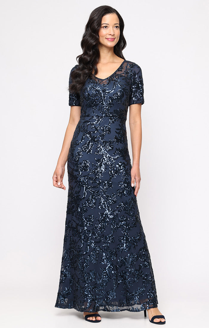 Alex Evenings Petite Sequin Gown with V-Neckline and Elbow Sleeves DEEP OCEAN / 6P Alex Evenings Petite Sequin Gown with V-Neckline and Elbow Sleeves DEEP OCEAN / 6P