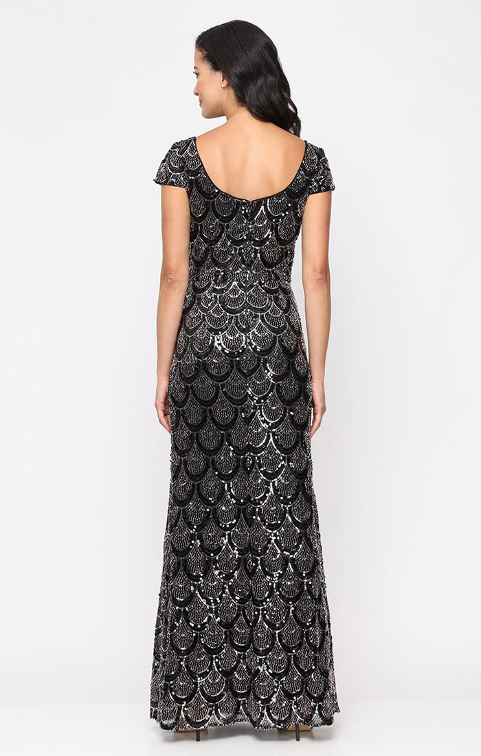 Alex Evenings Long Cap Sleeve Sequin Dress with Scoop Neckline Black/Copper / 12 Alex Evenings Long Cap Sleeve Sequin Dress with Scoop Neckline Black/Copper / 12