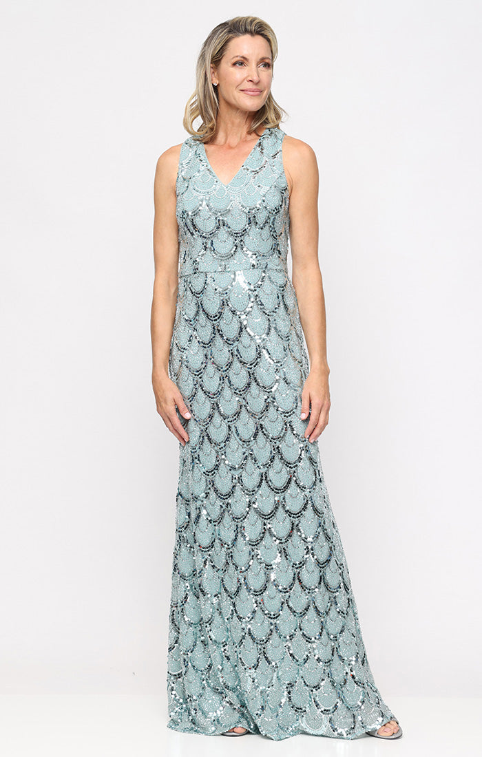 V-Neck Floor-Length Mesh Formal Dress with Scallop Sequin Alex Evenings 82961041