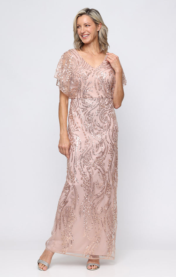 Rose Gold V-Neck Floor-Length Sequin Evening Gown with Flutter Sleeves Alex Evenings 81961046