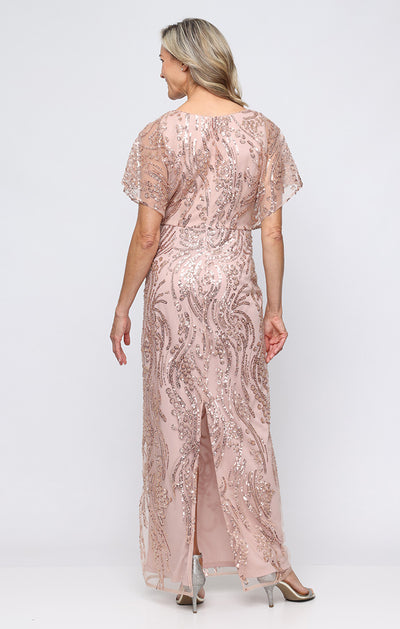 Rose Gold V-Neck Floor-Length Sequin Evening Gown with Flutter Sleeves Alex Evenings 81961046