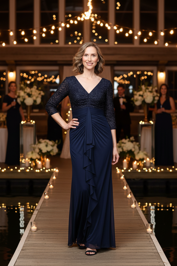 V-Neck Long Metallic Formal Dress Ruffle Alex Evenings 82961059