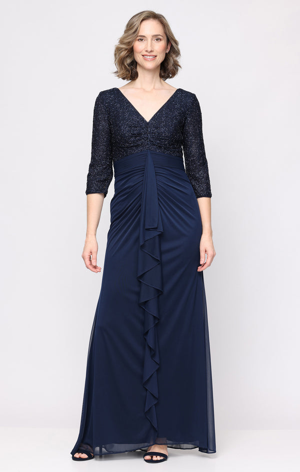 Navy V-Neck Long Metallic Formal Dress Ruffle Alex Evenings 82961059