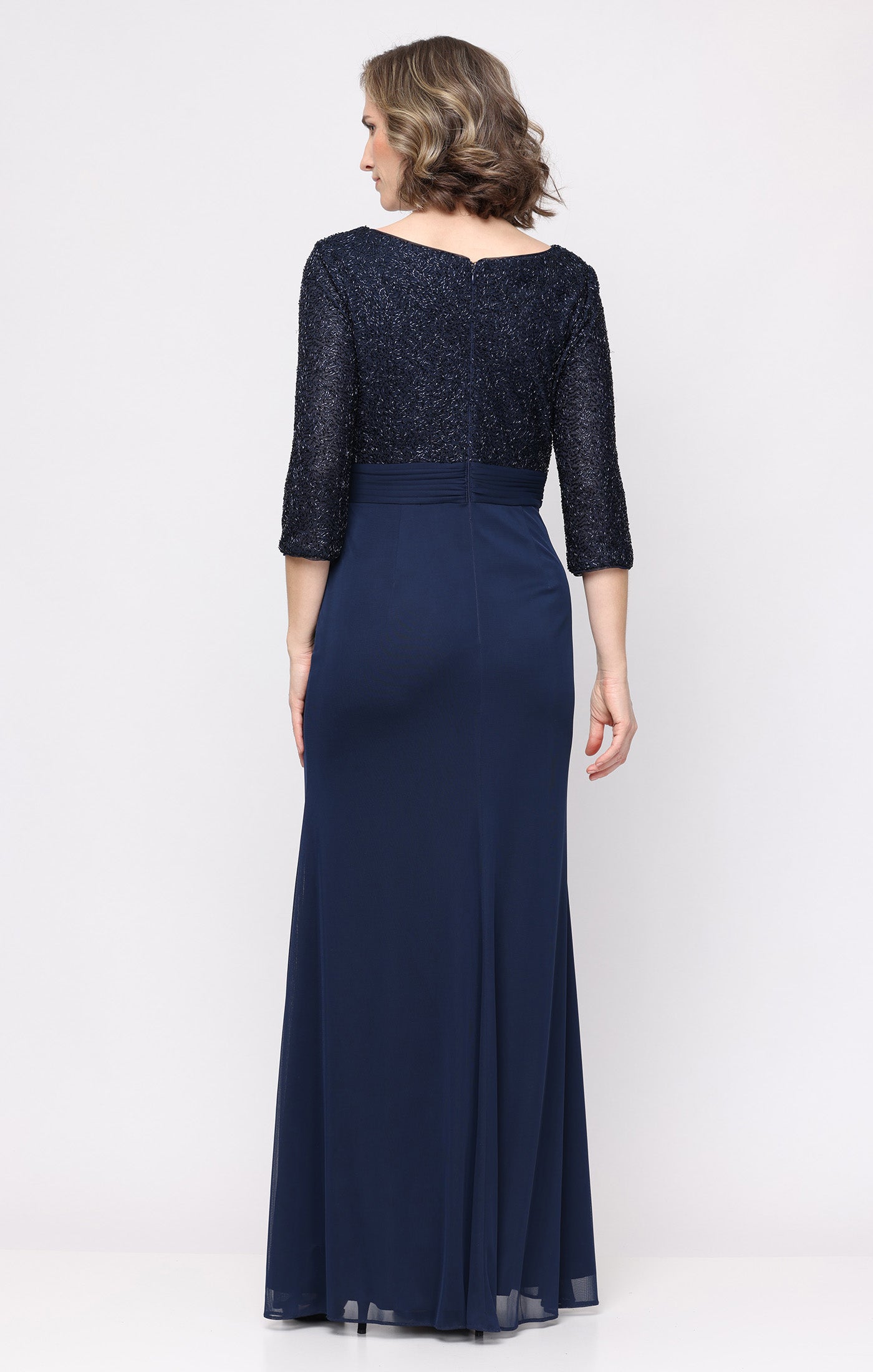 Navy V-Neck Long Metallic Formal Dress Ruffle Alex Evenings 82961059